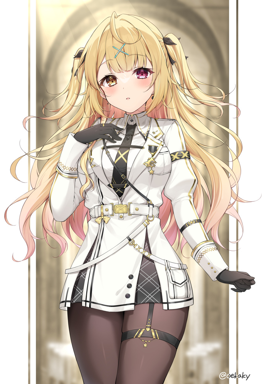 1girl, absurdres, belt, black_gloves, black_necktie, black_pantyhose, blonde_hair, blush