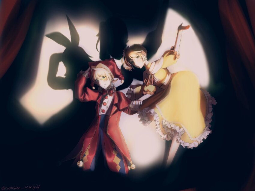 1boy, 2girls, argyle_clothes, argyle_pants, bare_legs, bare_shoulders, bell, blonde_hair