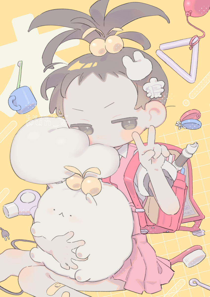 1girl, :<, absurdres, animal, backpack, bag, bandaid, bandaid_on_leg