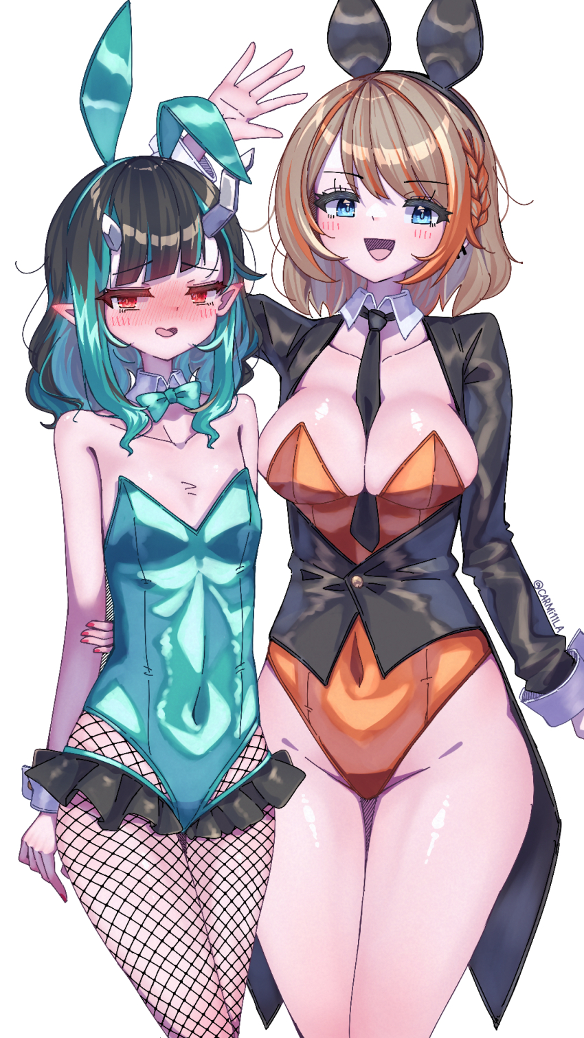 2girls, alternate_costume, animal_ears, arm_behind_back, between_breasts, black_hair, black_jacket, black_necktie, blue_bow, blue_bowtie, blue_eyes, blue_hair, blue_leotard, blush, bow, bowtie, braid, breasts, bunny_day, buttons, carmi11la, collar, commentary_request, covered_navel, cowboy_shot, demon_girl, demon_horns, detached_collar, ear_blush, fake_animal_ears, fingernails, fishnet_pantyhose, fishnets, flat_chest, highres, horns, jacket, large_breasts, leotard, light_brown_hair, looking_at_viewer, medium_hair, microskirt, multicolored_hair, multiple_girls, nanashi_inc., necktie, necktie_between_breasts, nose_blush, open_mouth, orange_hair, orange_leotard, pantyhose, playboy_bunny, pointy_ears, rabbit_ears, red_eyes, red_nails, shishio_chris, short_hair, simple_background, skirt, smile, strapless, strapless_leotard, touri_sei, two-tone_hair, virtual_youtuber, waving, white_background, white_collar, wrist_cuffs