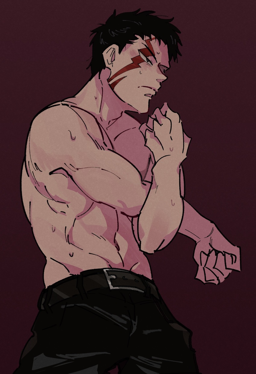 1boy, absurdres, belt, black_belt, black_eyes, black_hair, black_pants, brown_background