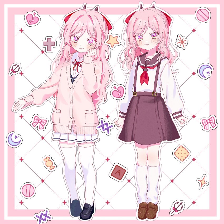 1girl, 99_wds, black_footwear, black_horns, black_sailor_collar, black_skirt, bow, broken_heart