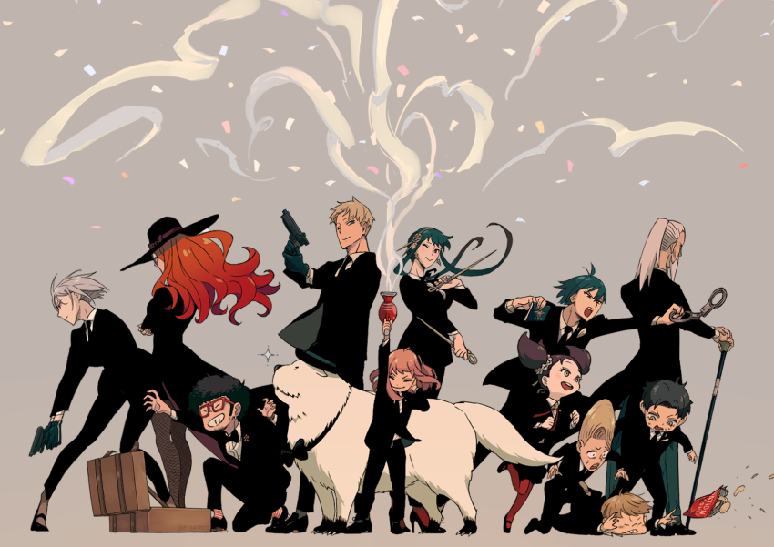 anya_(spy_x_family), beads, becky_blackbell, black_hair, black_suit, blonde_hair, bond_(spy_x_family), child, dagger, damian_desmond, dress, emile_elman, endou_tatsuya_(style), ewen_egeburg, f11417073, fiona_frost, flower, formal_clothes, franky_franklin, full_body, gloves, gold_hairband, hair_beads, hair_flower, hair_ornament, hairband, hat, henry_henderson, highres, holding, holding_dagger, holding_knife, holding_weapon, husband_and_wife, knife, long_hair, pink_hair, red_eyes, shirt, short_hair, simple_background, spy_x_family, standing, stiletto_(weapon), suit, sylvia_sherwood, twilight_(spy_x_family), weapon, yor_briar, yuri_briar