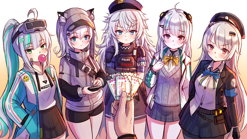 5girls, absurdres, admi_(nikke), ahoge, animal_ears, arm_guards, armband, bag