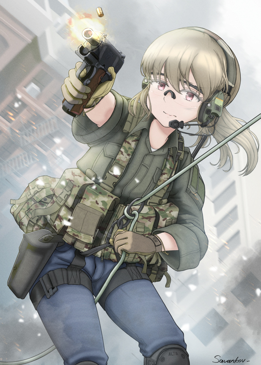 apartment, blonde_hair, camouflage, denim, fire_escape, firing, gloves, gun