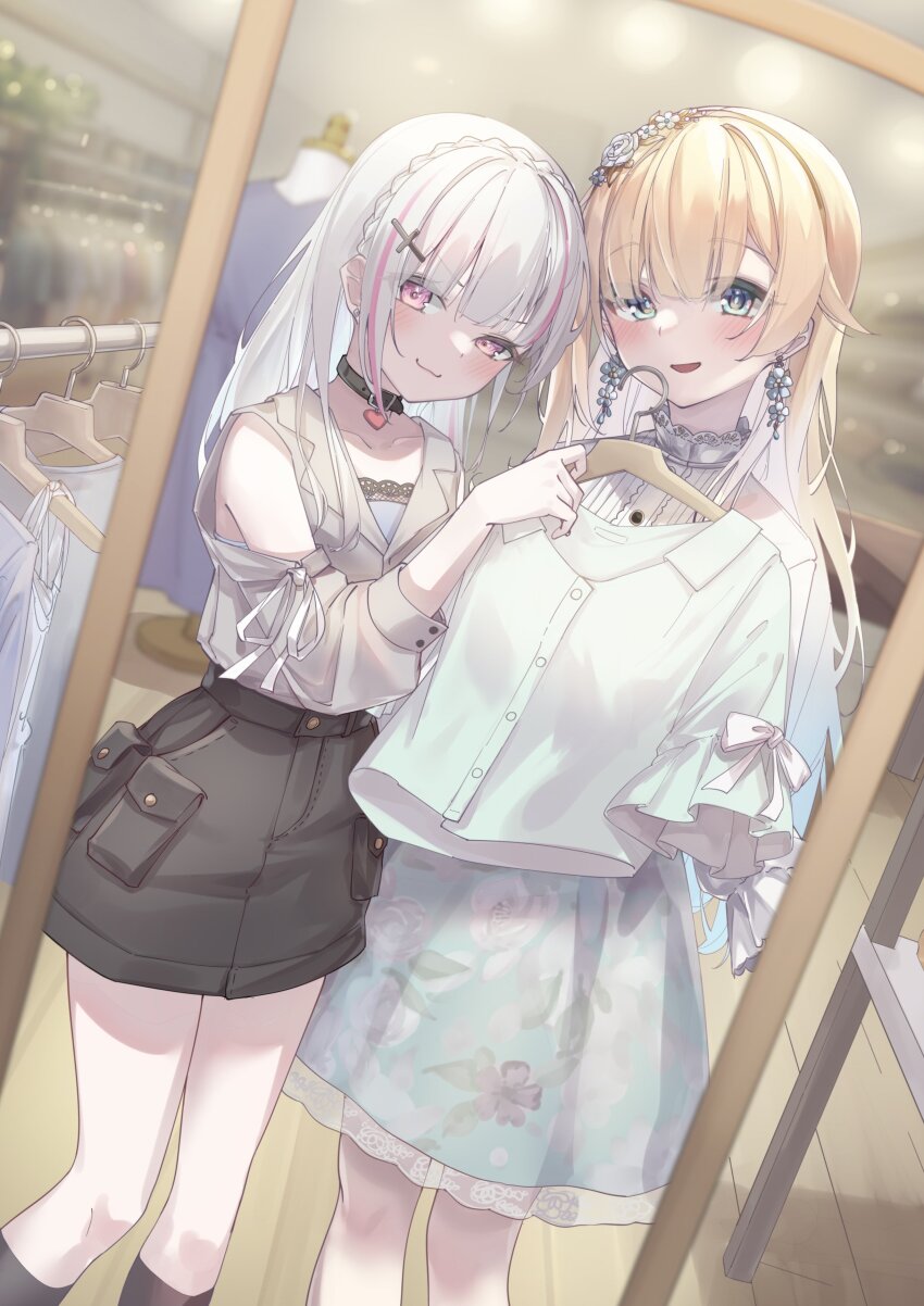 2girls, absurdres, aizawa_ema, aizawa_ema_(3rd_costume), alternate_costume, asumi_sena, bare_shoulders, black_skirt