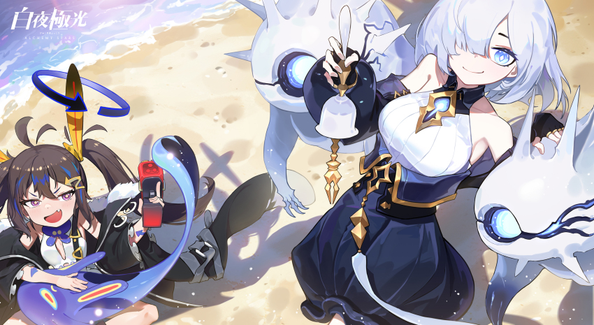 2girls, absurdres, akari_kuma, alchemy_stars, antenna_hair, bare_shoulders, beach, bethel_(alchemy_stars), black_coat, black_gloves, black_skirt, blue_eyes, breasts, brown_hair, closed_mouth, coat, copyright_name, creature, day, detached_sleeves, fang, feet_out_of_frame, fia_(alchemy_stars), fingerless_gloves, gloves, hair_over_one_eye, hand_up, handbell, high-waist_skirt, highres, long_hair, looking_at_viewer, medium_breasts, multiple_girls, open_mouth, outdoors, petting, purple_eyes, sand, shadow, shirt, short_hair, skirt, sleeveless, sleeveless_shirt, smile, standing, twintails, water, white_hair