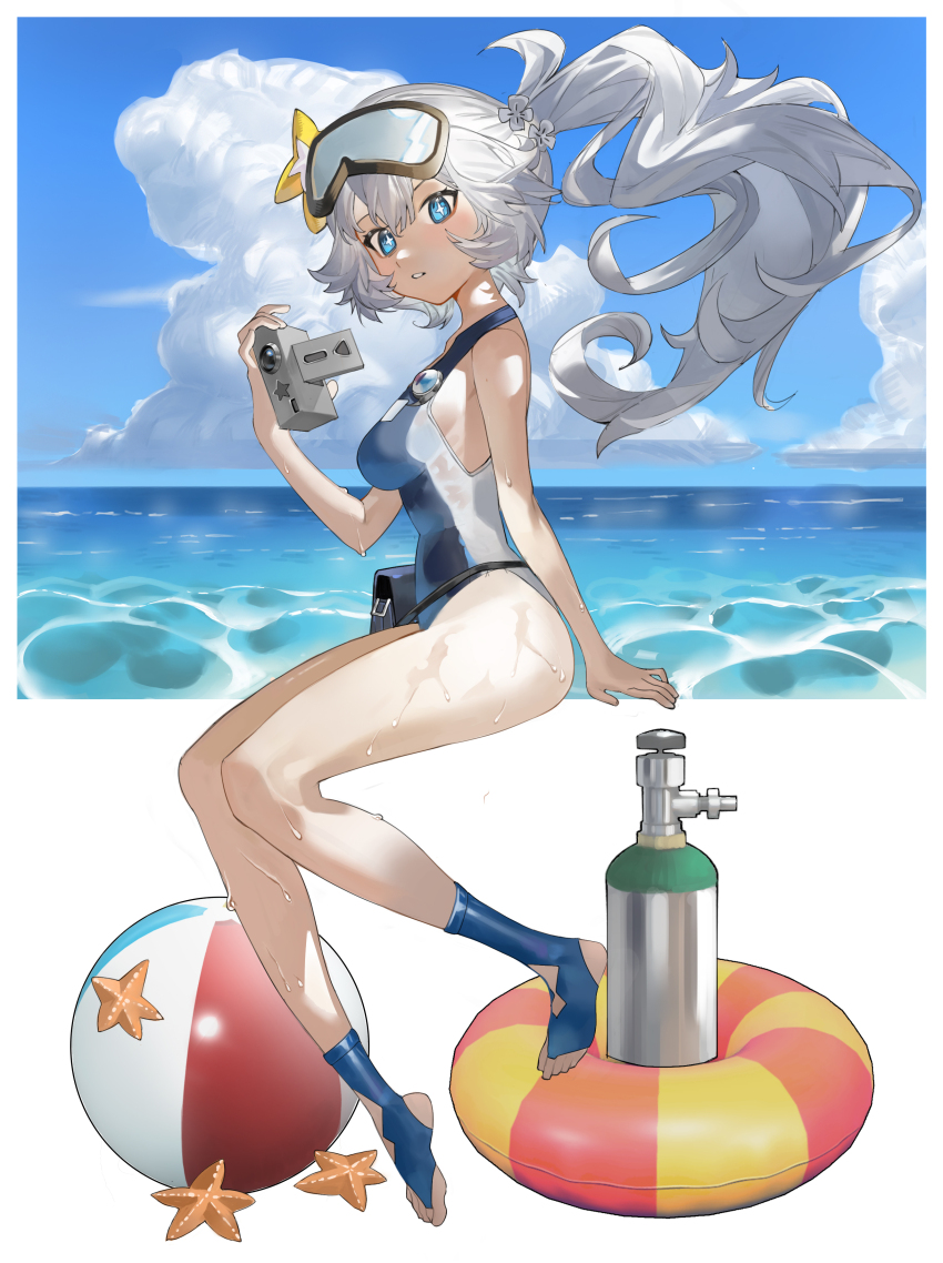 1girl, absurdres, alchemy_stars, ball, beachball, blue_eyes, breasts, cloud, day, florine_(alchemy_stars), florine_(emergency_diver)_(alchemy_stars), from_side, full_body, goggles, goggles_on_head, grey_hair, highres, horizon, innertube, invisible_chair, long_hair, looking_at_viewer, looking_to_the_side, mosquito_(illumos233), ocean, open_mouth, outdoors, oxygen_tank, ponytail, pouch, school_swimsuit, sitting, small_breasts, solo, starfish, stirrup_legwear, swim_ring, swimsuit, symbol-shaped_pupils, toeless_legwear, toes, video_camera, wet
