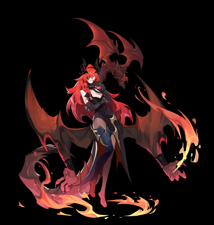 1girl, absurdres, akari_kuma, alchemy_stars, bare_shoulders, black_background, black_boots, black_dress, black_gloves, black_necktie, boots, breasts, brown_pantyhose, cleavage, cleavage_cutout, clothing_cutout, dragon, dragon_tail, dress, elbow_gloves, extra_arms, eyepatch, fire, full_body, gloves, hand_up, high_ponytail, highres, horns, leona_(alchemy_stars), long_hair, medium_breasts, mole, mole_under_mouth, necktie, open_mouth, pantyhose, ponytail, red_eyes, red_hair, simple_background, single_boot, single_thigh_boot, sleeveless, sleeveless_dress, smile, solo, sunstone_(alchemy_stars), tail, thigh_boots