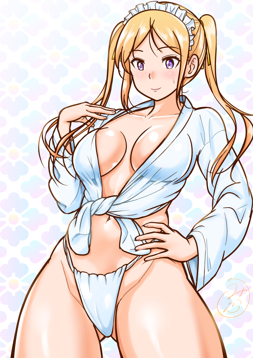 1girl, absurdres, blonde_hair, breasts, cleavage, fundoshi, head_dress, highres, japanese_clothes, maid, medium_breasts, twintails
