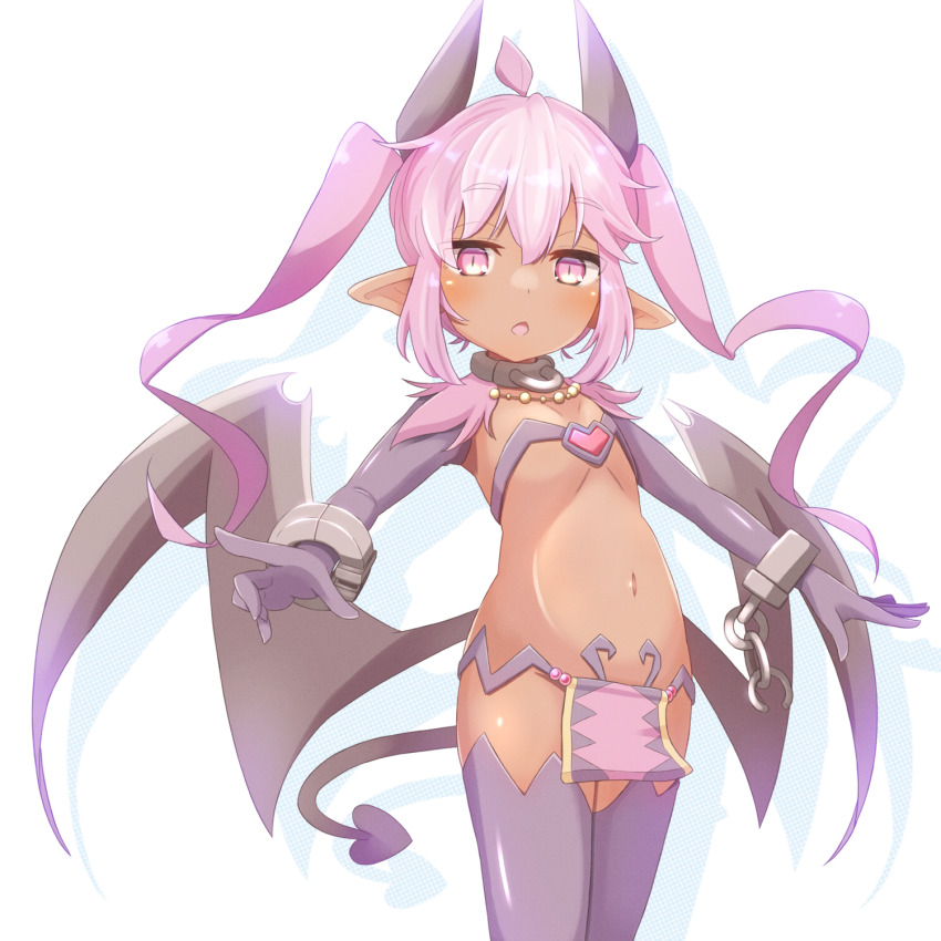 1girl, ahoge, bat_wings, black_horns, black_tail, black_wings, chain, cuffs, dark-skinned_female, dark_skin, demon_girl, demon_horns, demon_tail, drop_shadow, elbow_gloves, female_focus, flat_chest, gloves, heart, highres, horns, jazz_grace, legs_together, loincloth, loli, long_hair, low_wings, navel, nyxryuuna, open_mouth, pink_eyes, pink_hair, pointy_ears, purple_gloves, purple_thighhighs, revealing_clothes, sequel_(series), sequel_blight, shackles, sidelocks, simple_background, solo, standing, tail, thighhighs, twintails, white_background, wings