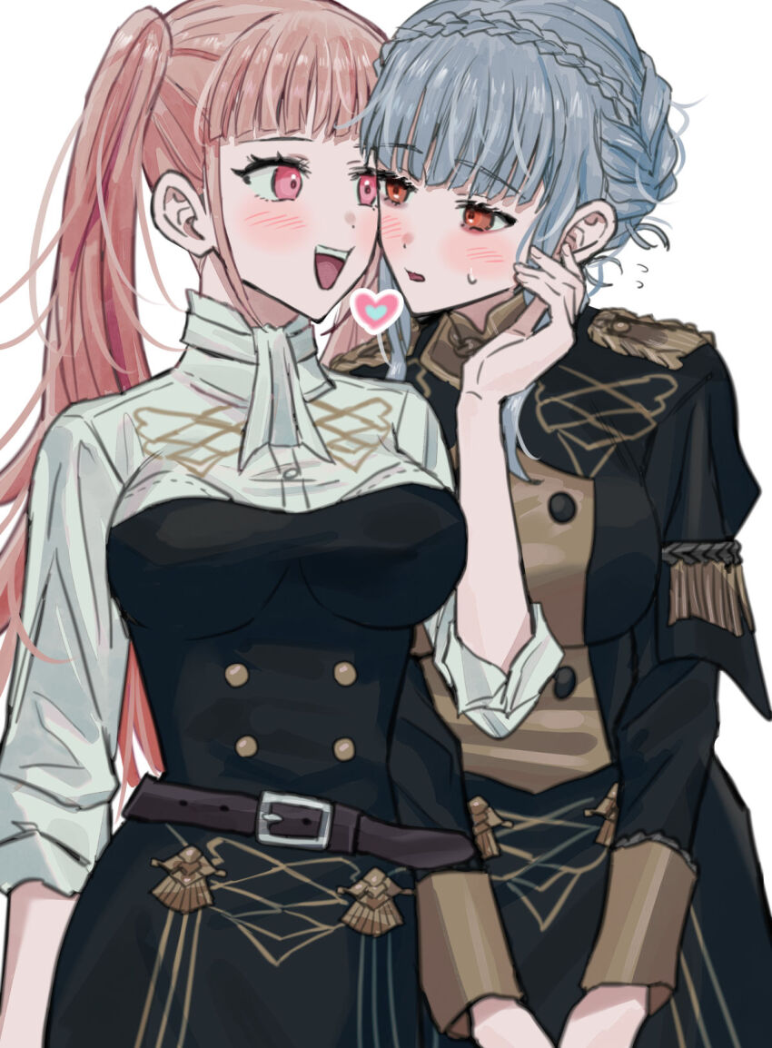 2girls, belt, blue_hair, blush, braid, cheek-to-cheek, fire_emblem, fire_emblem:_three_houses