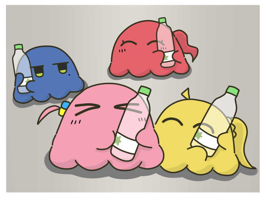 >_<, ^_^, ahoge, animal_focus, animalization, bocchi_the_rock!, border, bottle, closed_eyes, cube_hair_ornament, detached_ahoge, facing_viewer, gaanetto, gotoh_hitori, gotoh_hitori_(octopus), grey_background, hair_ornament, highres, holding, holding_bottle, isshiki_iroha, jitome, looking_at_another, mole, mole_under_eye, no_humans, one_side_up, plastic_bottle, simple_background, white_border