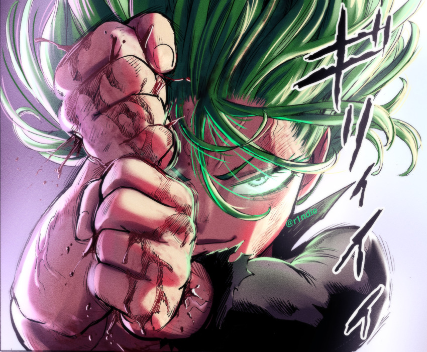 1girl, black_dress, blood, clenched_hands, colorized, commentary, curly_hair, derivative_work, dress, english_commentary, floating_hair, foreshortening, green_eyes, green_hair, long_sleeves, looking_at_viewer, murata_yuusuke, one-punch_man, outstretched_arms, portrait, r1ndie, sidelighting, smile, solo, sound_effects, tatsumaki, twitter_username, veins
