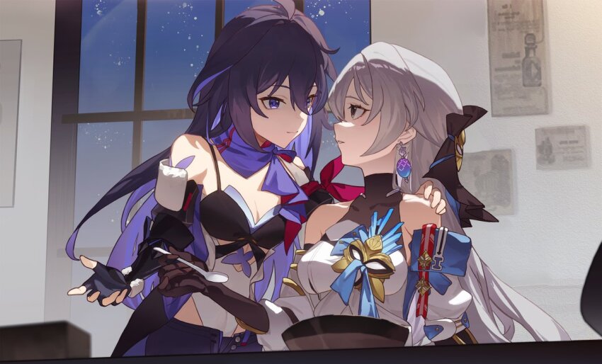 2girls, armband, bare_shoulders, black_gloves, black_shorts, blue_eyes, blue_scarf, blunt_bangs