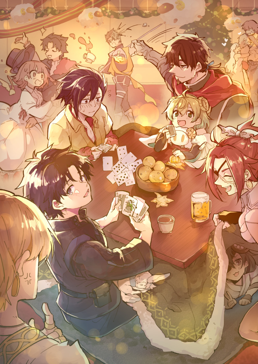 4girls, 6+boys, :3, ace_(playing_card), ace_of_diamonds, achilles_(fate), alcohol, anger_vein
