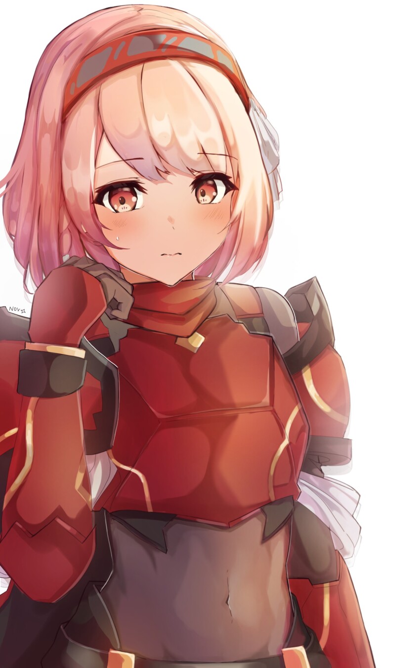 1girl, armor, blush, breastplate, closed_mouth, covered_navel, fire_emblem, fire_emblem_engage, gauntlets, gloves, hair_ornament, hairband, highres, lapis_(fire_emblem), navel, nintendo, novembertimex, pink_eyes, pink_hair, red_armor, short_hair, shoulder_armor, skin_tight, solo, white_background