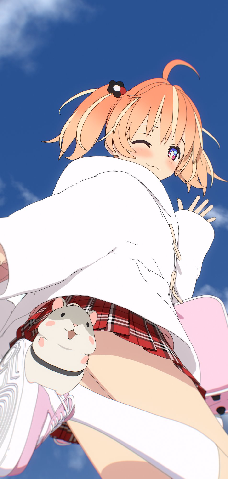 +_+, 1girl, 3d, ahoge, artist_request, blender_(medium), blonde_hair, blue_sky