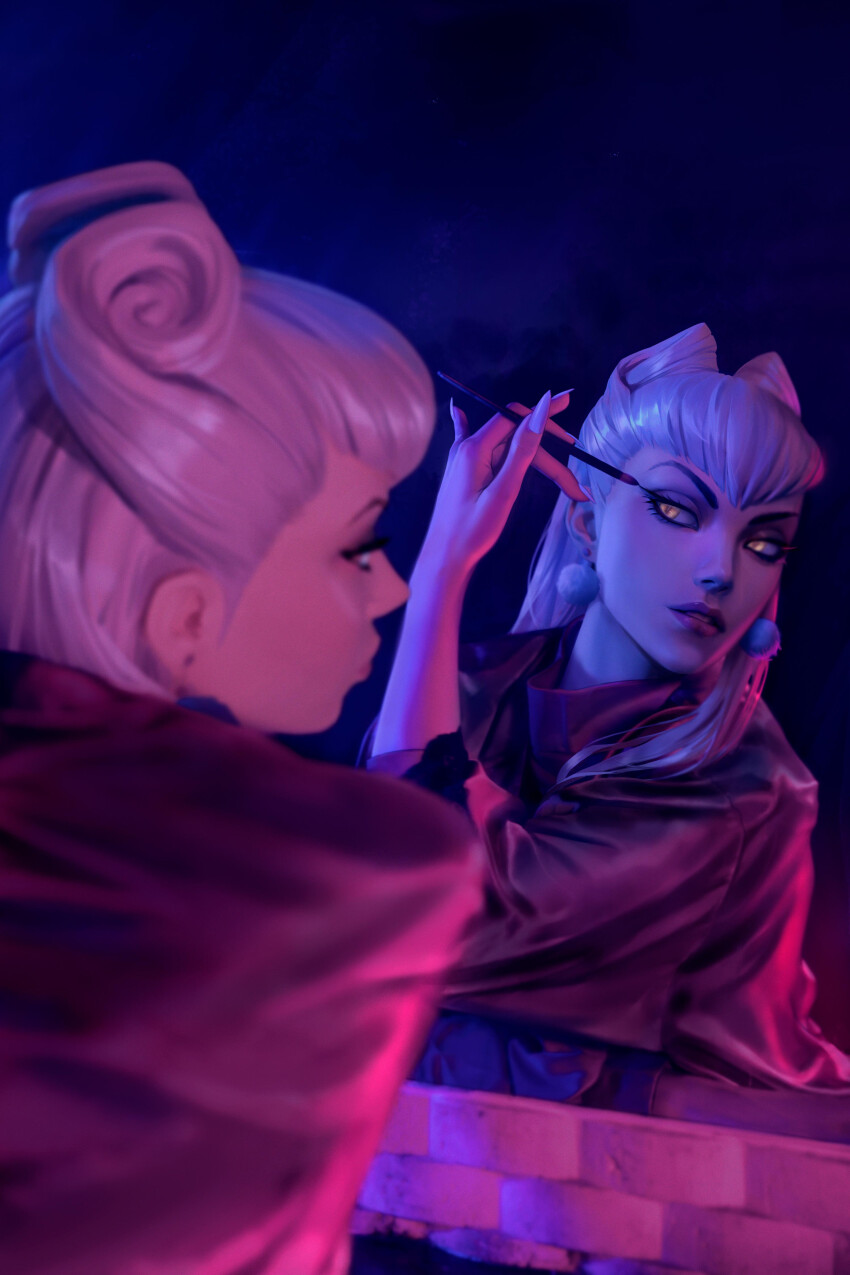 1girl, absurdres, asymmetrical_bangs, black_eyeliner, cone_hair_bun, dark_background, demon, demon_girl