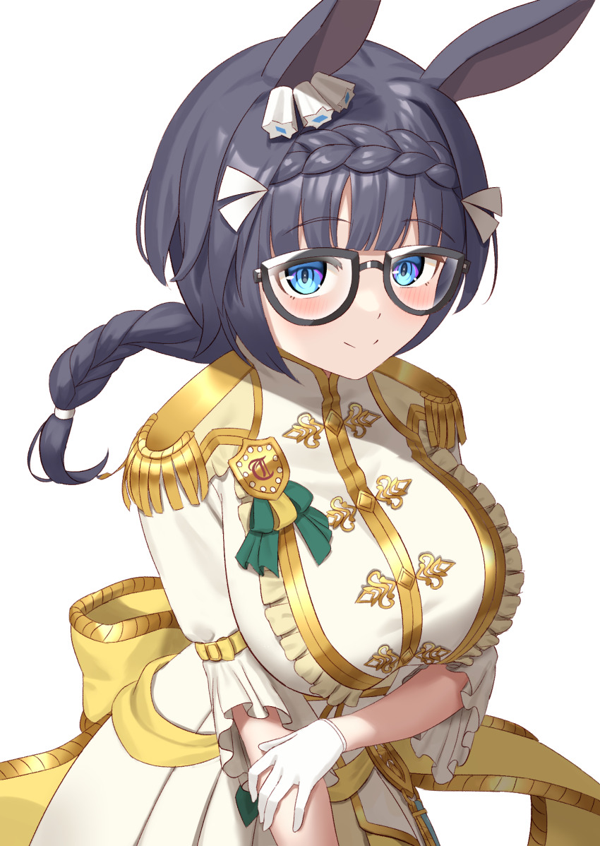 1girl, black-framed_eyewear, black_hair, blue_eyes, braid, breasts, crown_braid, ear_ornament, epaulettes, factory314, glasses, gloves, highres, horse_girl, jacket, large_breasts, long_hair, official_alternate_costume, road_of_radiance_(umamusume), simple_background, smile, solo, umamusume, upper_body, white_background, white_gloves, white_jacket, zenno_rob_roy_(umamusume)
