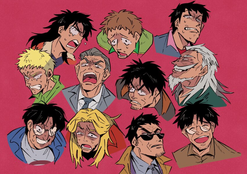 6+boys, andou_mamoru, beard, black_eyes, black_hair, black_shirt, blonde_hair, blue_jacket