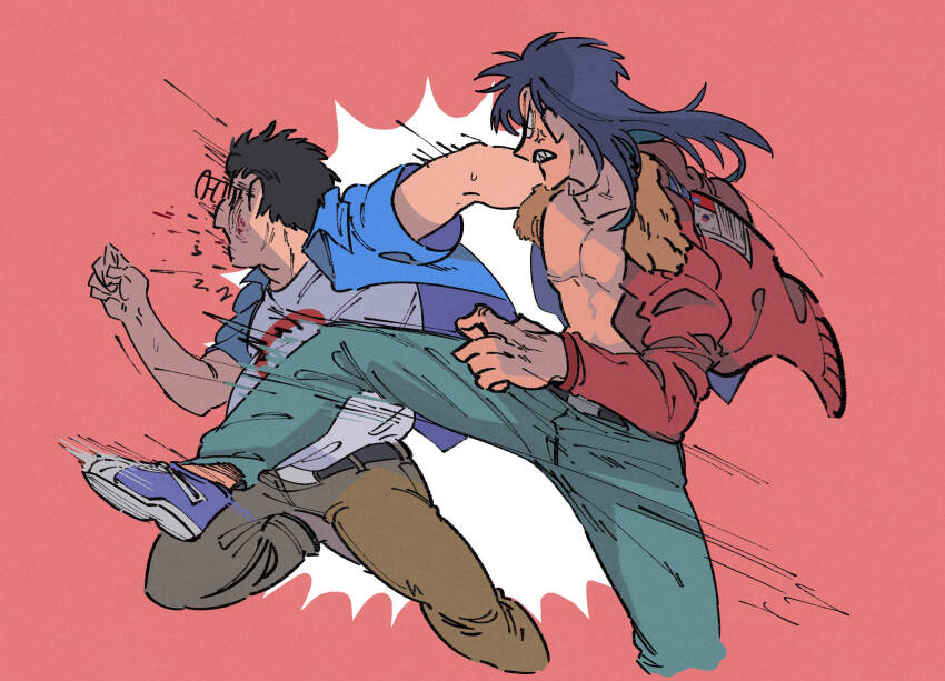 2boys, andou_mamoru, anger_vein, black_hair, blood, blue_footwear, blue_pants, blue_shirt