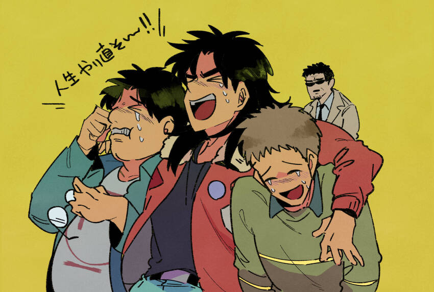 >_<, 4boys, andou_mamoru, arm_around_shoulder, black_hair, black_shirt, blue_shirt, brown_coat