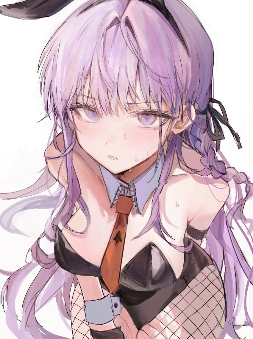 1girl, absurdres, bare_shoulders, black_gloves, black_ribbon, braid, breasts, brown_necktie