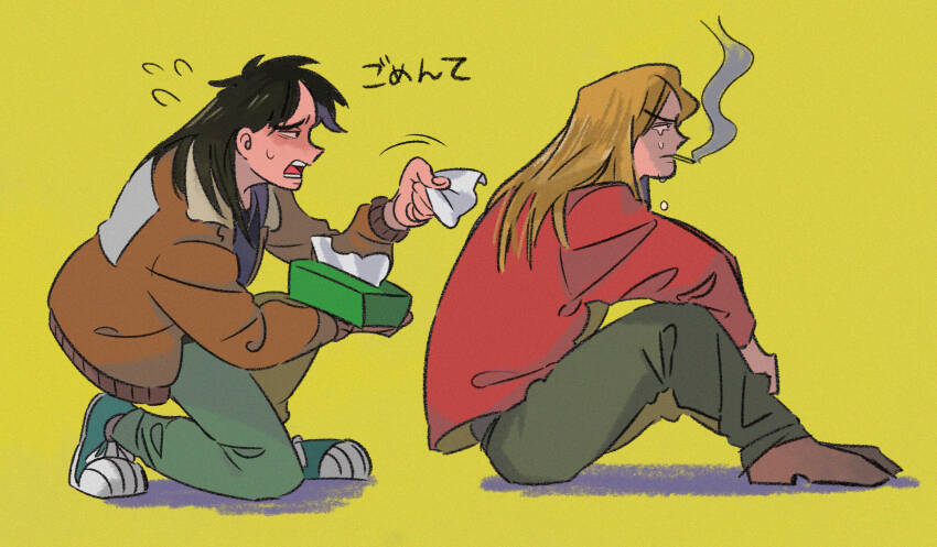 2boys, absurdres, black_eyes, black_hair, blonde_hair, bomber_jacket, brown_footwear, brown_jacket, cigarette, closed_mouth, commentary_request, crying, crying_with_eyes_open, fingernails, flying_sweatdrops, frown, full_body, grey_pants, highres, holding, holding_tissue, inudori, itou_kaiji, jacket, tobaku_mokushiroku_kaiji, kitami_(kaiji), long_hair, long_sleeves, looking_afar, looking_at_another, male_focus, multiple_boys, on_one_knee, open_mouth, pants, parted_bangs, profile, red_jacket, shoes, simple_background, smoking, tears, tissue, tissue_box, translation_request, yellow_background