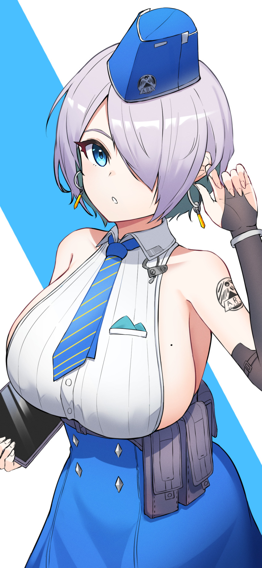 1girl, absurdres, backless_outfit, backless_shirt, bare_shoulders, belt_pouch, blue_background, blue_eyes