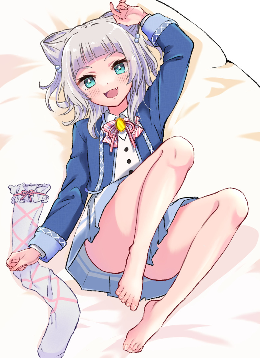 1girl, bare_legs, barefoot, blue_eyes, blush, fang, highres, kashiwagi_mia