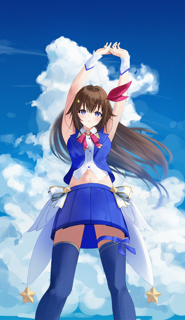 1girl, arms_up, blue_eyes, blue_ribbon, blue_skirt, blue_thighhighs, blue_vest, brown_hair
