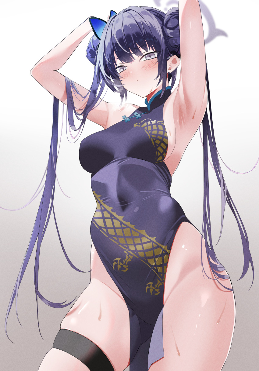 1girl, absurdres, aged_up, armpits, arms_behind_head, black_hair, blue_archive, blunt_bangs