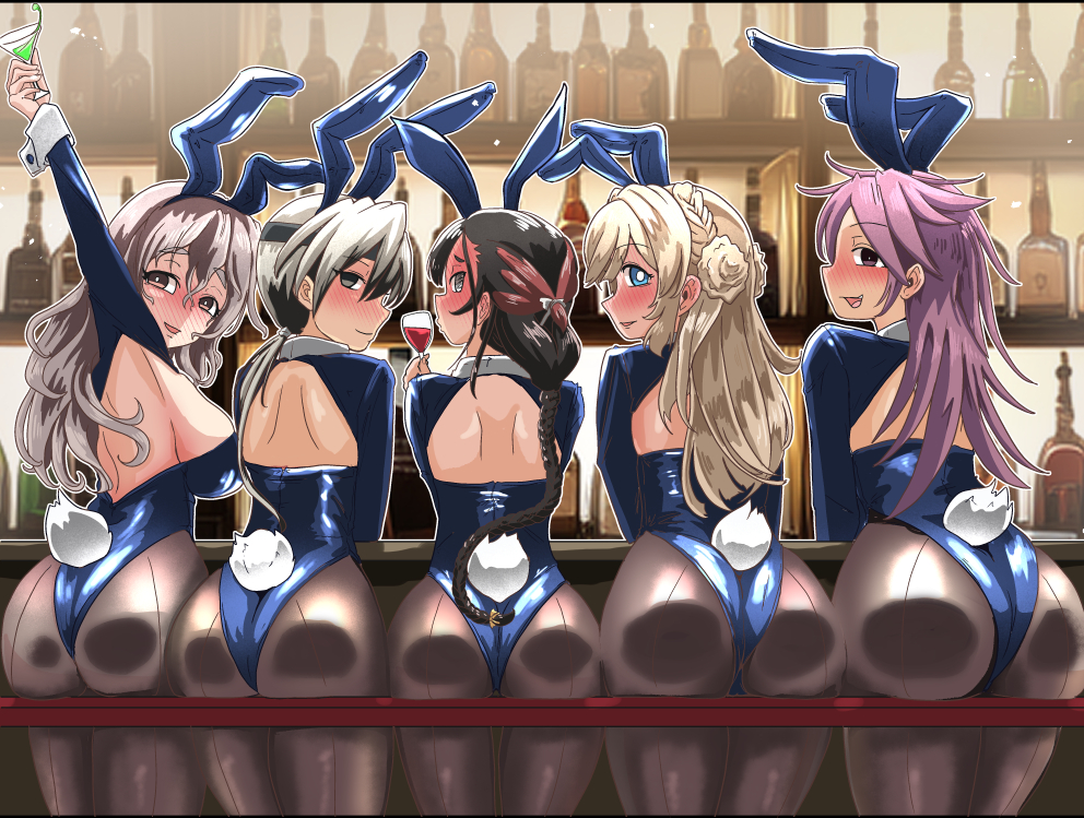 5girls, alternate_costume, animal_ears, arm_up, armpits, bar_(place), black_hair, black_pantyhose