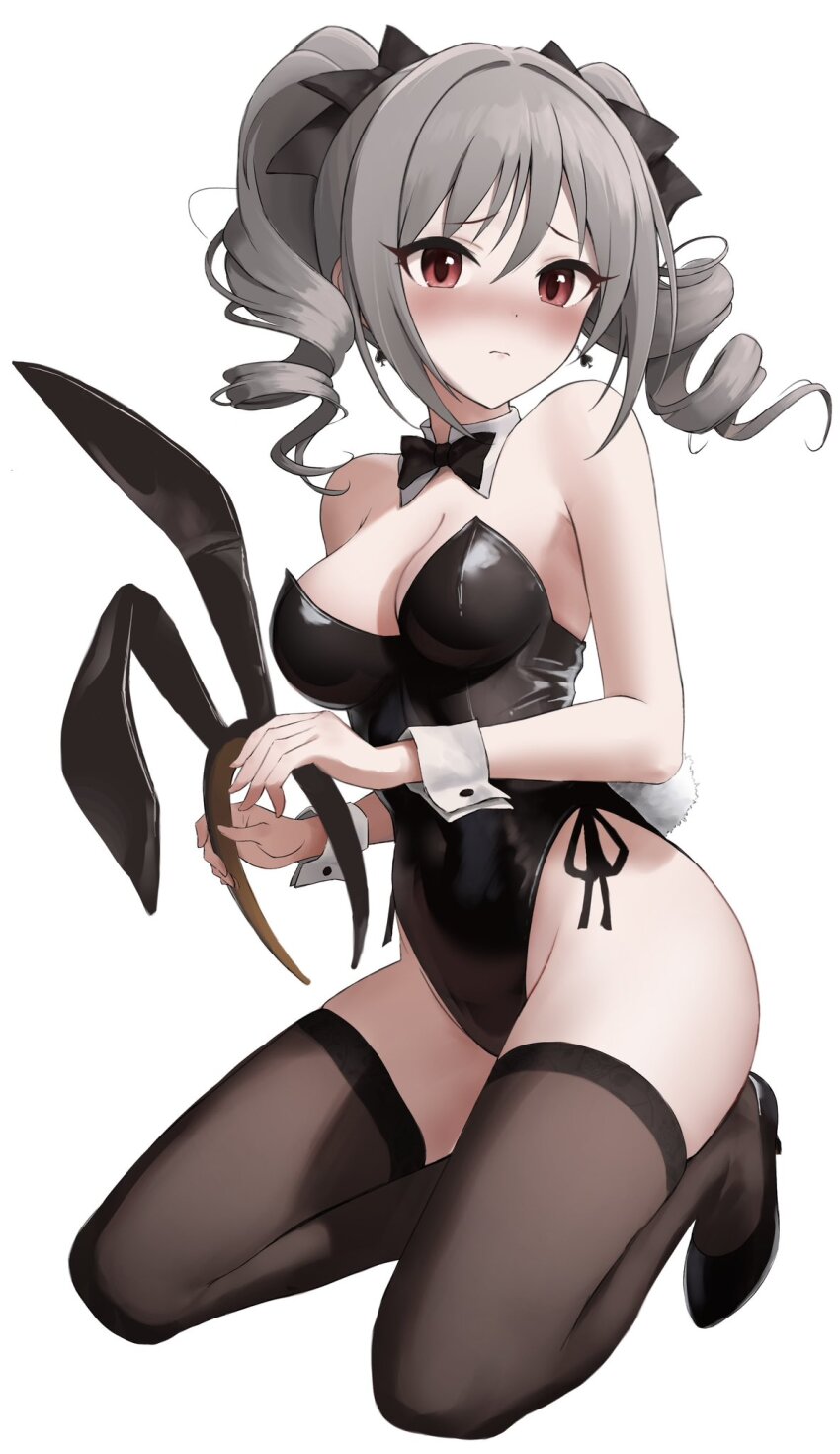 1girl, animal_ears, ass, bare_shoulders, black_leotard, blush, bow, bowtie