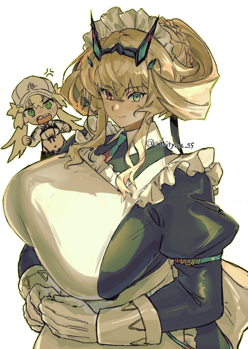 2girls, anger_vein, angry, apron, artoria_caster_(fate), artoria_caster_(swimsuit)_(fate), artoria_caster_(swimsuit)_(first_ascension)_(fate), artoria_caster_(swimsuit_berserker)_(first_ascension)_(fate), artoria_pendragon_(fate), barghest_(fate), barghest_(swimsuit_archer)_(second_ascension)_(fate), baseball_cap, bikini, black_dress, blonde_hair, blush, breasts, chibi, chibi_inset, collared_dress, dress, eiki_(eikityou_55), fate/grand_order, fate_(series), gloves, green_eyes, hat, heterochromia, highres, horns, huge_breasts, jacket, long_hair, long_sleeves, looking_at_viewer, maid, maid_headdress, medium_hair, multiple_girls, red_eyes, shrug_(clothing), smile, solo_focus, swimsuit, twintails, white_apron, white_bikini, white_gloves, white_headwear, white_jacket