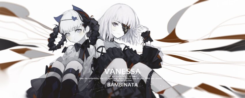 2girls, animal_ears, bambinata_(pgr), bare_shoulders, black_dress, black_hair, black_ribbon, braid