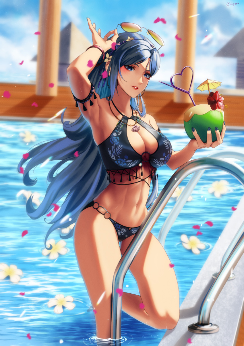 1girl, adjusting_eyewear, arm_up, armlet, armpits, bangle, bare_arms, bare_legs, bare_shoulders, bikini, black-framed_eyewear, black_bikini, blue_eyes, blue_hair, blue_nails, blue_sky, blurry, blurry_background, bracelet, breasts, cleavage, cleavage_cutout, clothing_cutout, cloud, cocktail_umbrella, commentary, crazy_straw, cup, d4dj, day, drinking_straw, eurylena, eyewear_on_head, falling_petals, fingernails, floral_print, flower, flower_on_liquid, foot_out_of_frame, fruit_as_cup, hair_down, hair_flower, hair_ornament, hair_ribbon, hairband, halterneck, hand_up, heart_straw, highres, holding, holding_cup, jewelry, large_breasts, leg_up, long_hair, looking_at_viewer, nail_polish, navel, necklace, niijima_ibuki, o-ring, o-ring_bikini, o-ring_bottom, o-ring_top, official_alternate_costume, official_alternate_hairstyle, orange-tinted_eyewear, outdoors, parted_lips, petals, petals_on_liquid, pool, pool_ladder, poolside, print_bikini, purple_hairband, purple_ribbon, red_flower, ribbon, shell, shell_necklace, sidelocks, sky, solo, standing, standing_on_one_leg, stomach, sunglasses, swimsuit, tassel, tinted_eyewear, twitter_username, untranslatable_commentary, very_long_hair, wading, water, white_flower