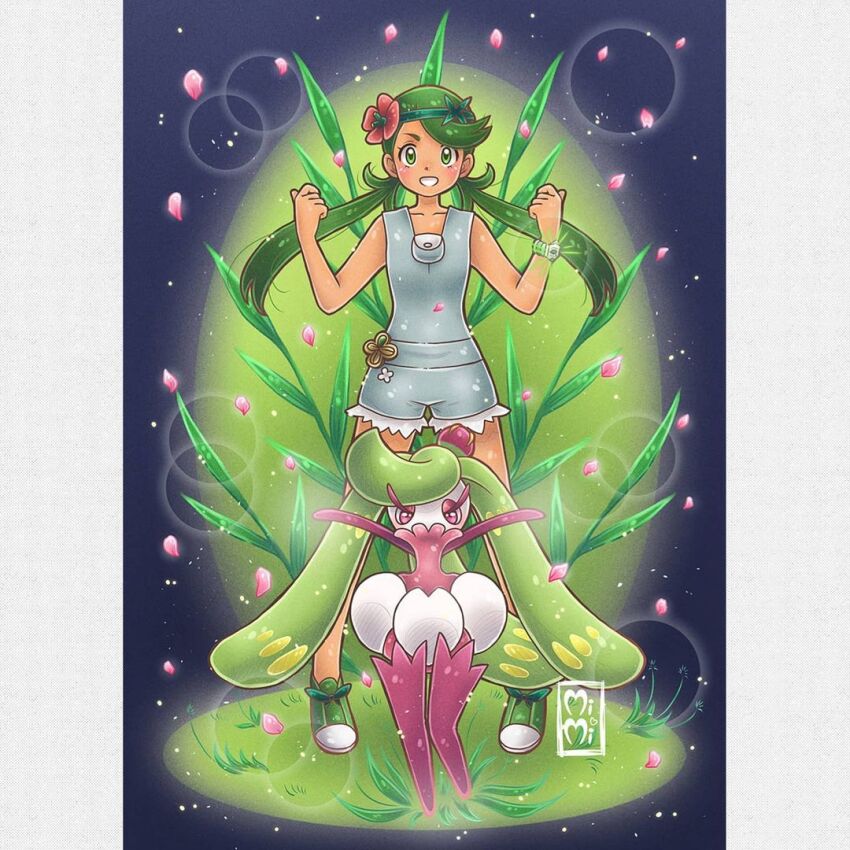 1girl, bare_shoulders, dark-skinned_female, dark_skin, gen_7_pokemon, grass, green_eyes, green_hair