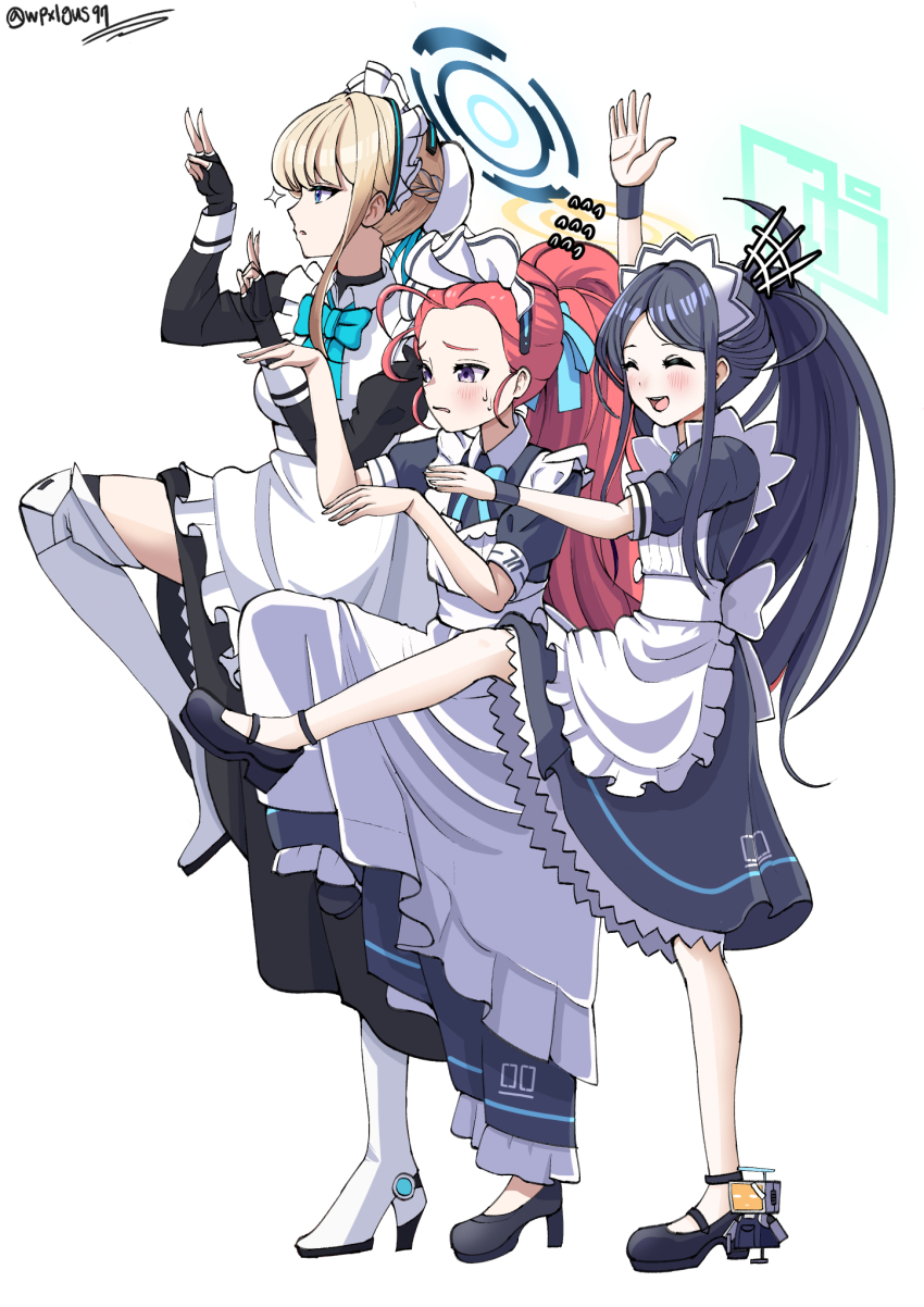 kei_(robot)_(blue_archive), 3girls, ^_^, apron, aris_(blue_archive), aris_(maid)_(blue_archive), black_gloves, black_hair