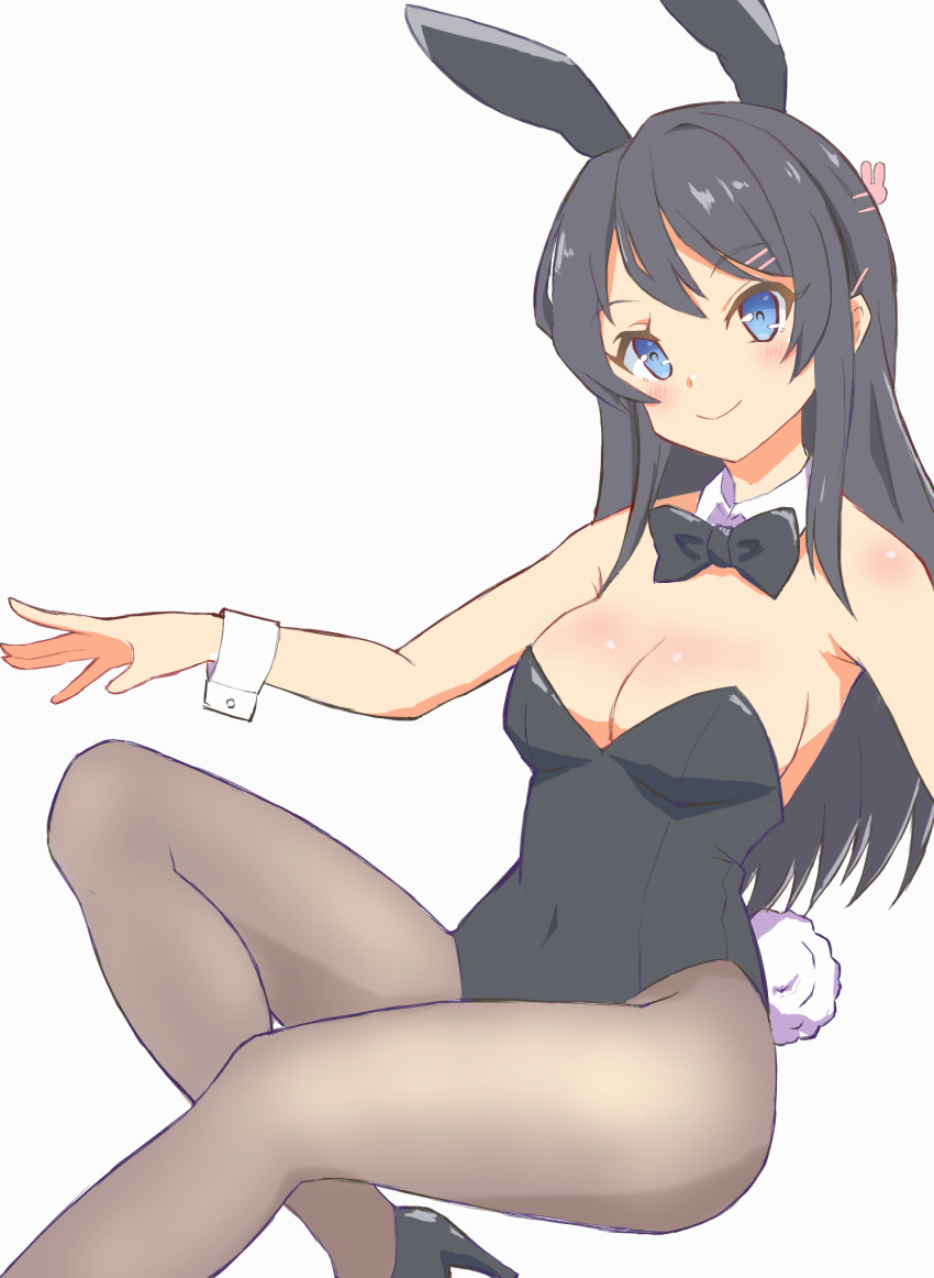 1girl, animal_ears, black_bow, black_bowtie, black_footwear, black_hair, black_leotard, black_pantyhose, blue_eyes, bow, bowtie, breasts, cleavage, covered_navel, detached_collar, fake_animal_ears, feet_out_of_frame, heinkeluhu, high_heels, highres, leotard, long_hair, medium_breasts, pantyhose, playboy_bunny, rabbit_ears, rabbit_tail, sakurajima_mai, seishun_buta_yarou, simple_background, sitting, solo, strapless, strapless_leotard, tail, white_background, wrist_cuffs