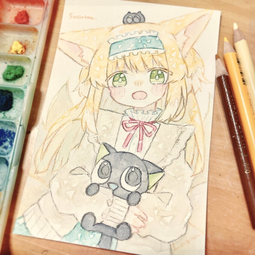 1girl, animal, animal_ear_fluff, animal_ears, arknights, art_tools_in_frame, black_cat, blonde_hair