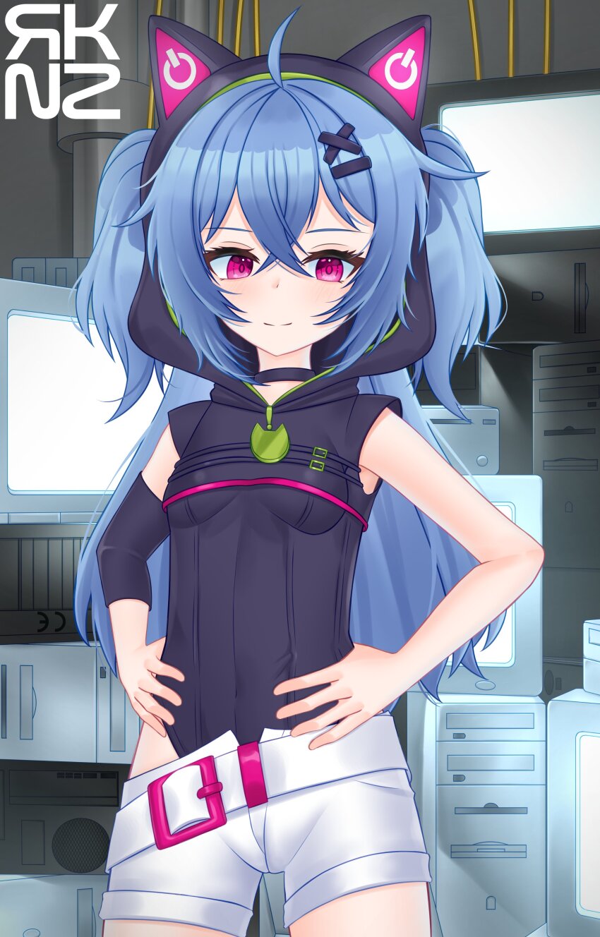 1girl, absurdres, animal_ears, belt, blue_hair, breasts, chiaki_katsumi, commission