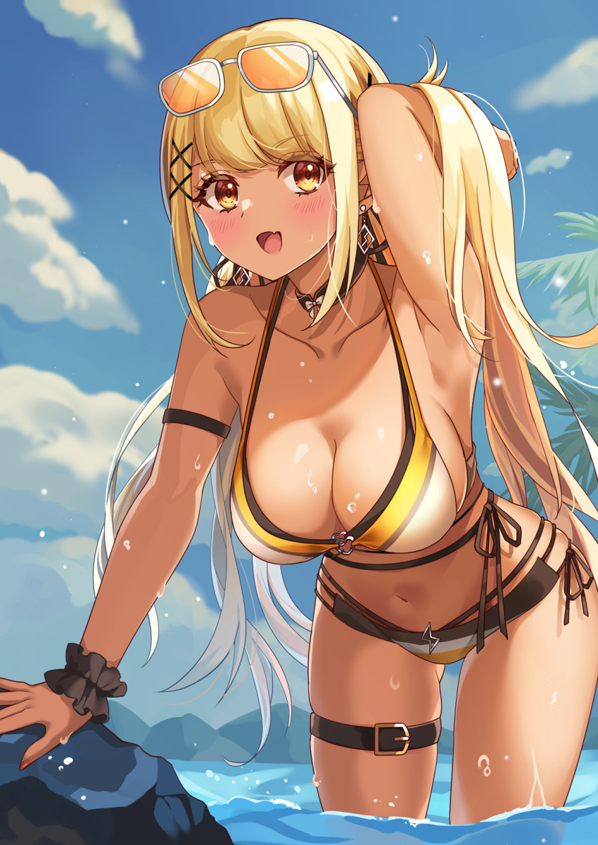 1girl, alternate_costume, arm_behind_head, armpits, bent_over, bikini, black_bikini, black_choker