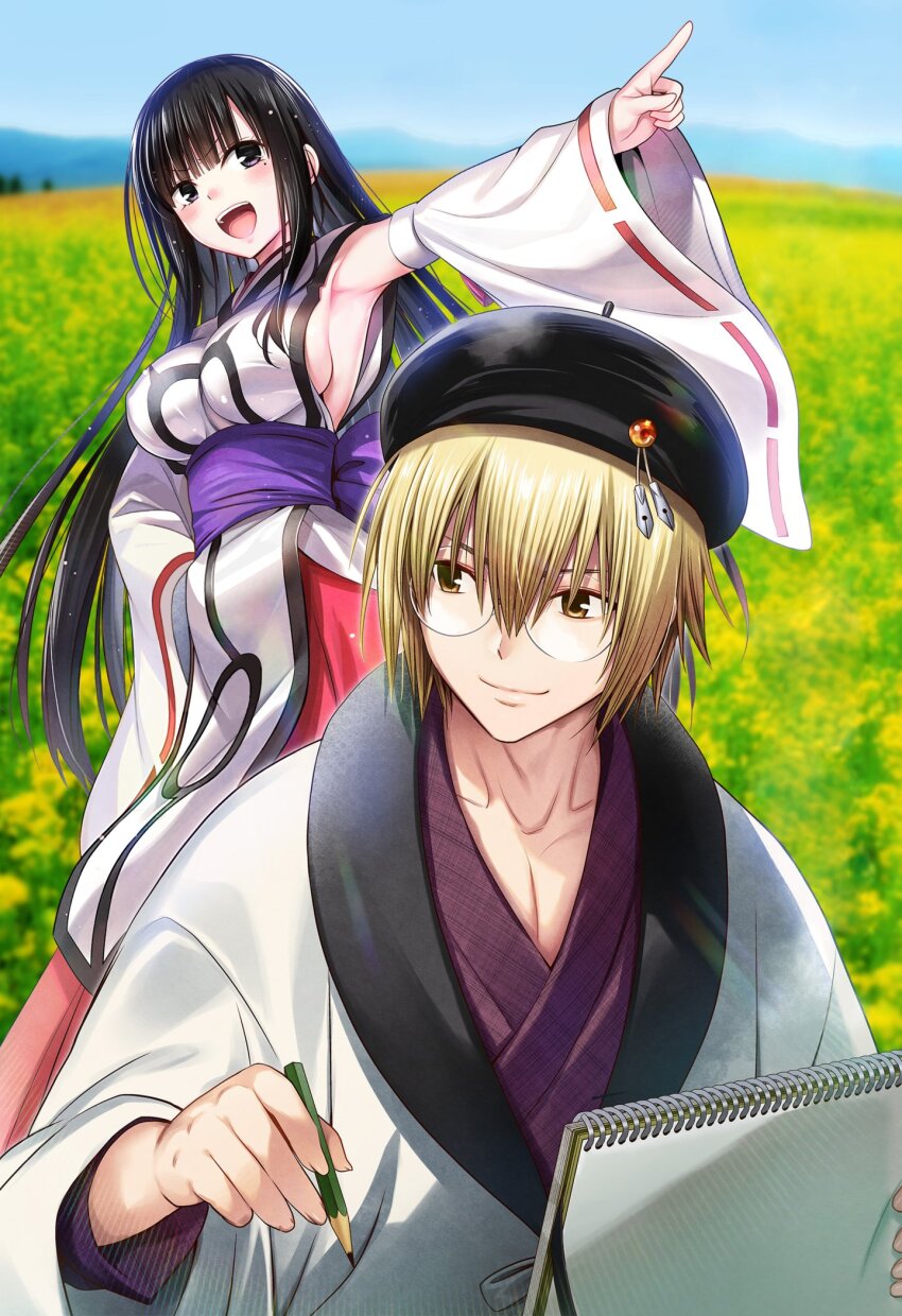 1boy, 1girl, ayakashi_triangle, black_eyes, black_hair, blonde_hair, blush, cleaned