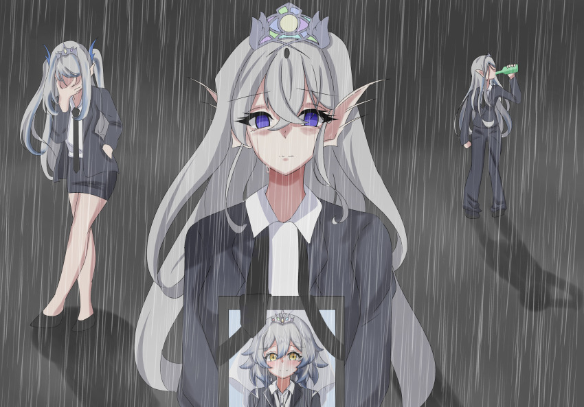 3girls, absurdres, alternate_costume, black_shirt, blank_eyes, commentary, crying, crying_with_eyes_open, drinking, duel_monster, english_commentary, expressionless, facepalm, formal_clothes, full_body, grey_hair, highres, holding, holding_photo, iei, kitkallos_(yu-gi-oh!), lock, looking_at_viewer, mamemame_(user_ntpx2584), mourning, multiple_girls, photo_(object), rain, shirt, short_hair, solo, suit, tearlaments_havnis, tearlaments_kitkallos, tearlaments_merrli, tearlaments_scheiren, tears, tiara, veil, yellow_eyes, yu-gi-oh!, yu-gi-oh!_master_duel