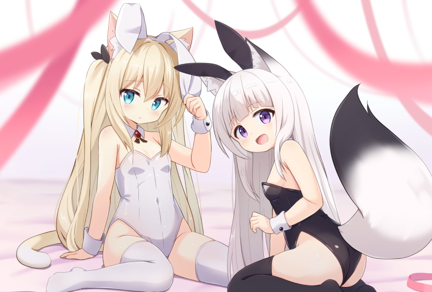 2girls, animal_ear_fluff, animal_ears, aqua_eyes, arm_support, black_leotard, black_thighhighs, blonde_hair