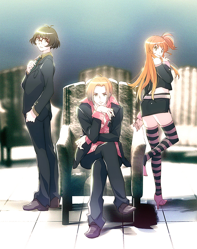 00s, 1girl, 2boys, akizuki_ryo, androgynous, bare_shoulders, brown_eyes, brown_hair, detached_sleeves, formal_clothes, glasses, green_eyes, idolmaster, idolmaster_dearly_stars, long_hair, midriff, multiple_boys, necktie, riyo_(riyontoko), sakurai_yumeko, short_hair, side_ponytail, skirt, smile, striped, suit, sunglasses, takeda_souichi, thighhighs