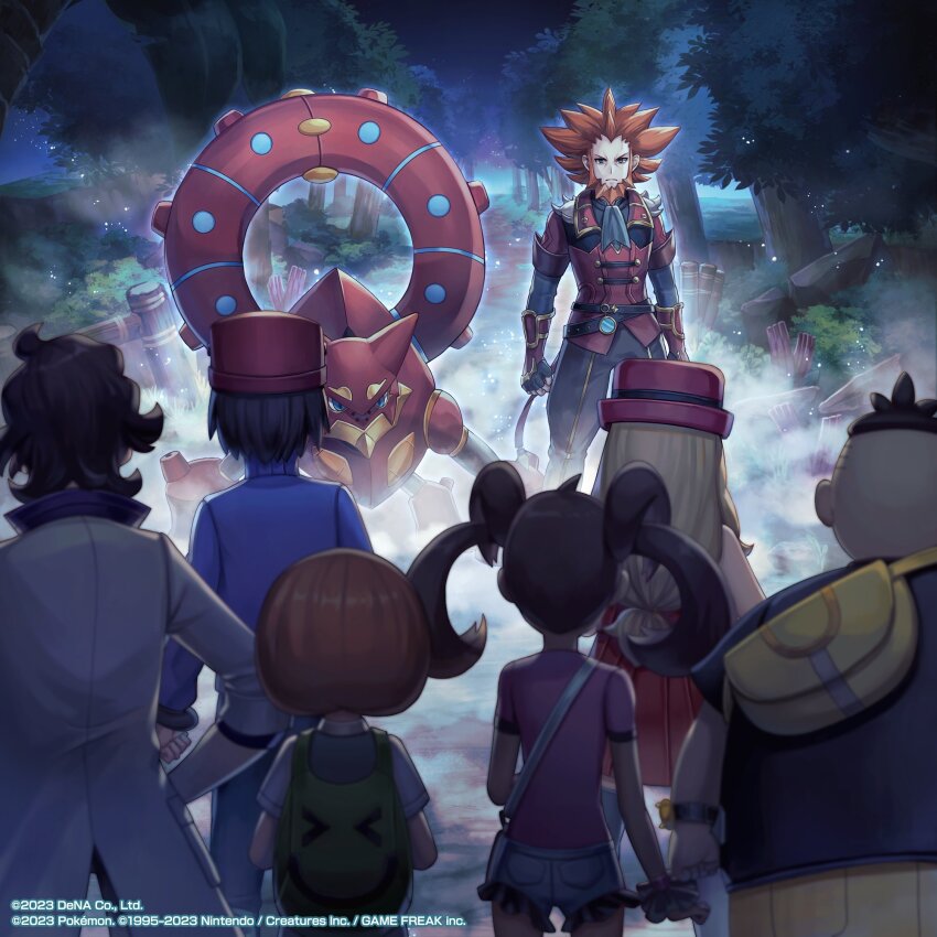 2girls, 5boys, ascot, professor_sycamore, beard, belt, black_gloves, black_pants, bush, buttons, calem_(pokemon), closed_mouth, commentary, double-breasted, facial_hair, fingerless_gloves, fog, gen_6_pokemon, gloves, grass, highres, legendary_pokemon, lysandre_(pokemon), lysandre_(sygna_suit)_(pokemon), multiple_boys, multiple_girls, mythical_pokemon, night, nintendo, official_art, orange_hair, outdoors, pants, path, pokemon, pokemon_(creature), pokemon_masters_ex, pokemon_x_and_y, road, serena_(pokemon), shauna_(pokemon), shirasuna_kani, spiked_hair, standing, tierno_(pokemon), tree, trevor_(pokemon), volcanion, watermark