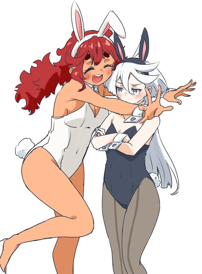 2girls, absurdres, animal_ears, bare_legs, be_go_ichi, black_leotard, blush, breasts, cleavage, covered_navel, crossed_arms, detached_collar, fake_animal_ears, fake_tail, grey_hair, gundam, gundam_suisei_no_majo, happy, highres, hug, leotard, medium_breasts, miorine_rembran, multiple_girls, open_mouth, panties, playboy_bunny, rabbit_ears, rabbit_tail, red_hair, small_breasts, smile, strapless, strapless_leotard, suletta_mercury, tail, thick_eyebrows, thighs, underwear, wrist_cuffs, yuri